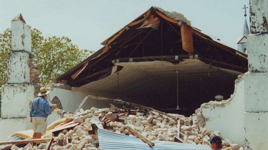 The Sacred Heart Church in Beagle Bay after the belltower collapsed.