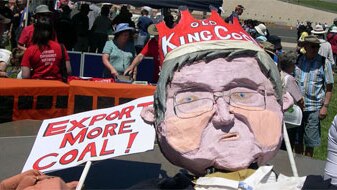 File photo ABC News: King Coal Kevin, part of the Walk Against Warming protest outside Parliament House Canberra. (Clarissa T...