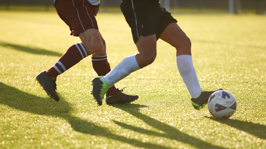 A shot of two pairs of legs, in soccer accoutrements, running after a soccer pall on sunlit astro-turf.