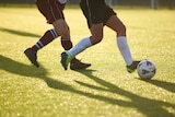 A shot of two pairs of legs, in soccer accoutrements, running after a soccer pall on sunlit astro-turf.