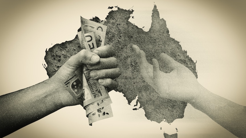 A hand from the west of Australia clenches its fist over money while a hand from the east asks for more