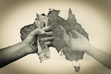 A hand from the west of Australia clenches its fist over money while a hand from the east asks for more