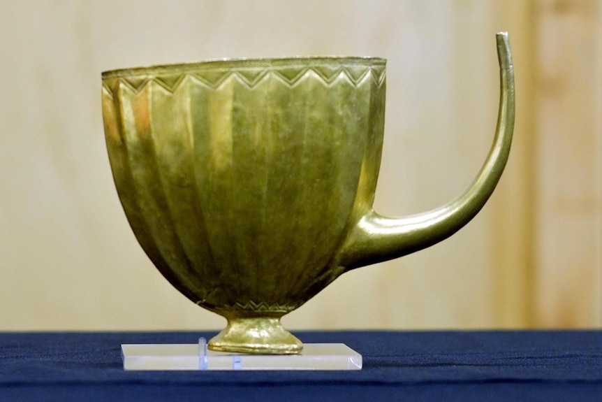 An ancient gold drinking cup - part of the Wonders of Ancient Mesopotamia exhibition.