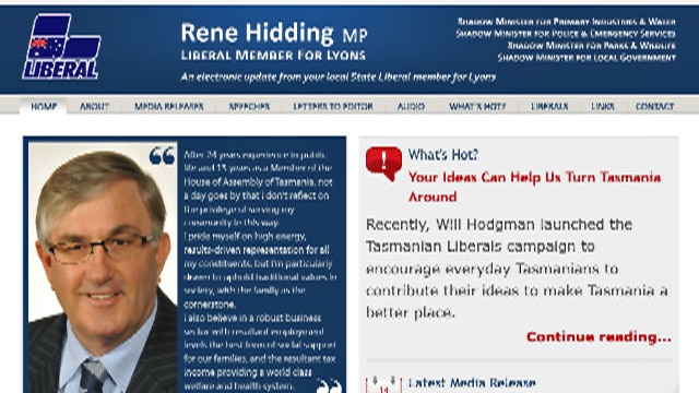 Screen shot of Tasmanian MP Rene Hidding's website which has been hacked