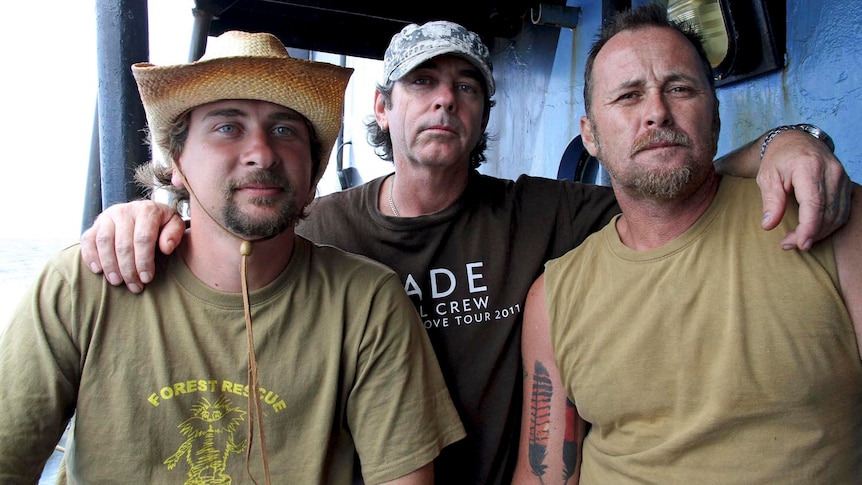 (L to R) Geoffrey Tuxworth, and Simon Peterffy Glen Pendlebury aboard the Sea Shepherd vessel the Steve Irwin.