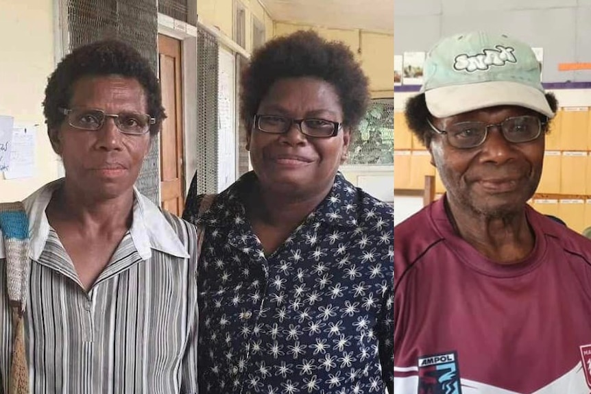 Three photos of two women and a man in PNG wearing their new glasses after an eye clinic