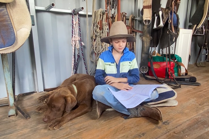 A kid sitting next to a dog in a shed with saddles racked on the walls, near Longreach, November 2022.