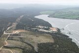Aerial long shot of Gunns' pulp mill site in Tasmania