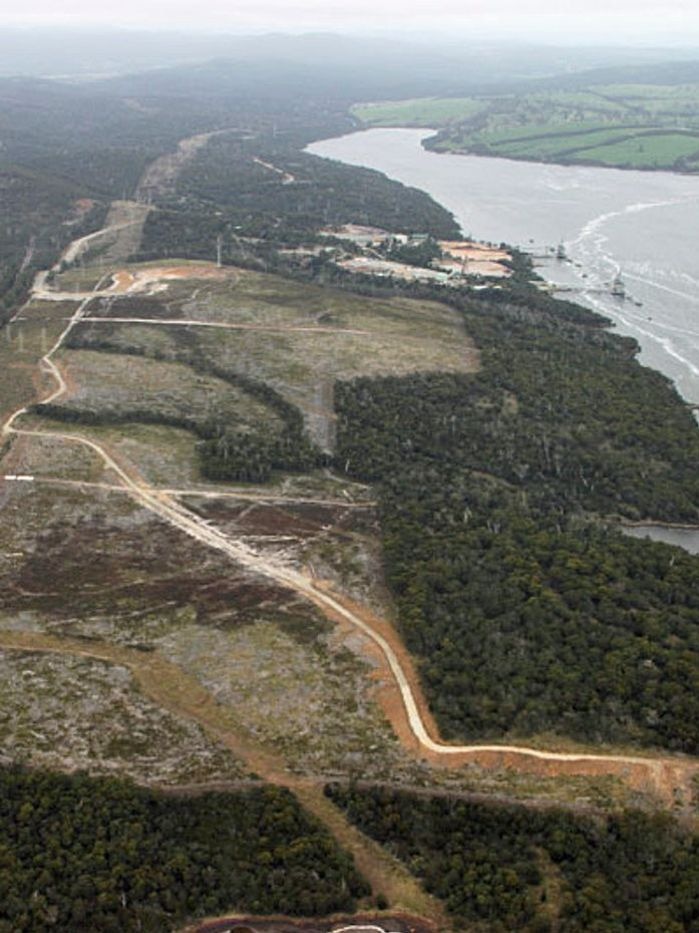 Aerial long shot of the former Gunns' pulp mill site in Tasmania