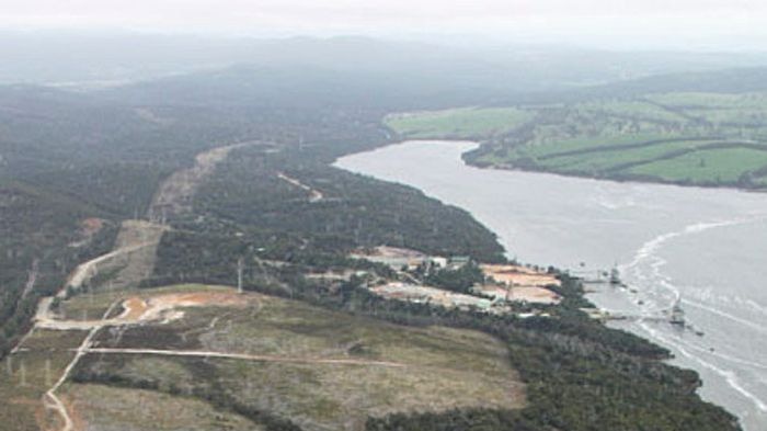 Aerial long shot of Gunns' pulp mill site in Tasmania