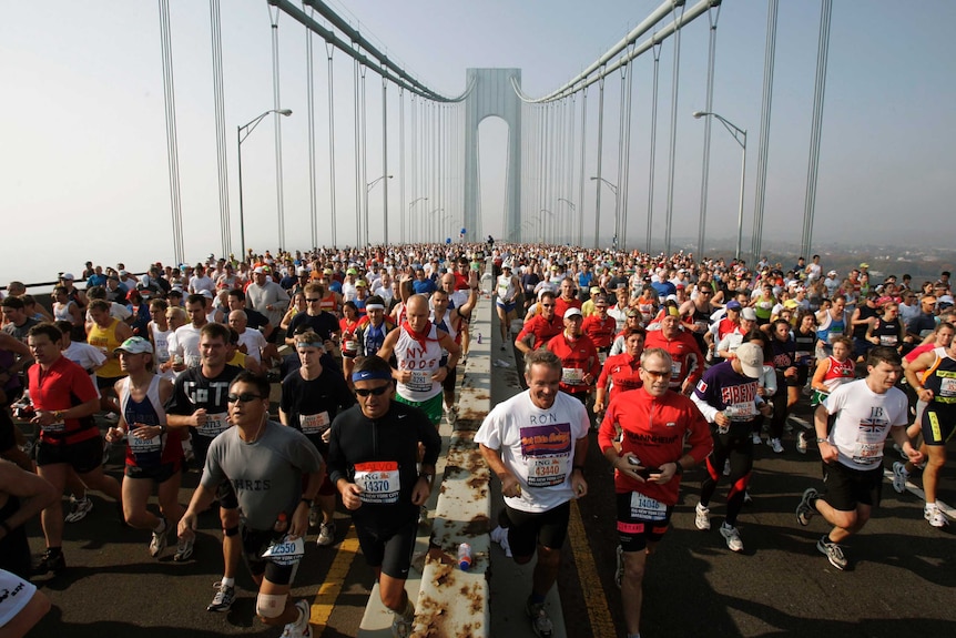Runners on the upper level of the Verrazano Bridge at the start of the 36th New York City Marathon.