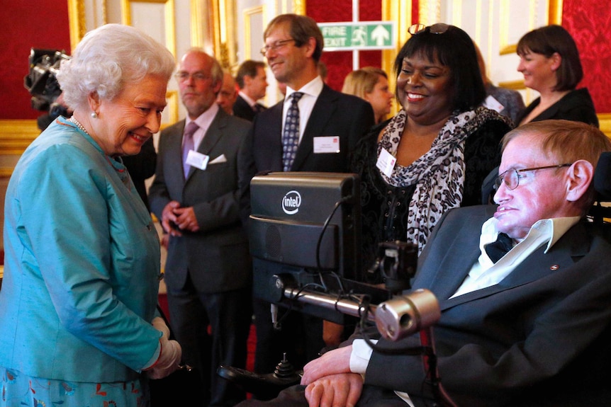 Queen Elizabeth meets Stephen Hawking.
