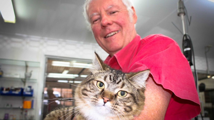 A photo of vet Dr John Robertson with a cat in the foreground