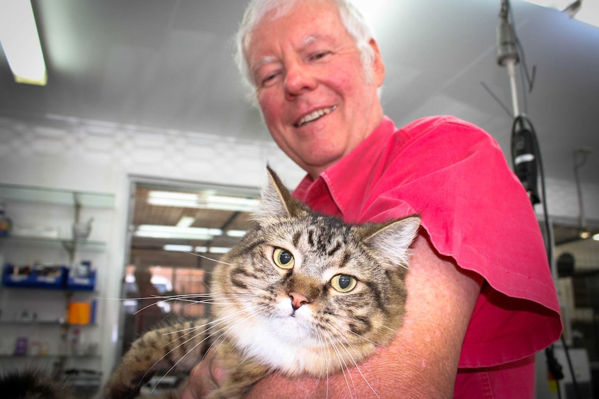 A photo of vet Dr John Robertson with a cat in the foreground