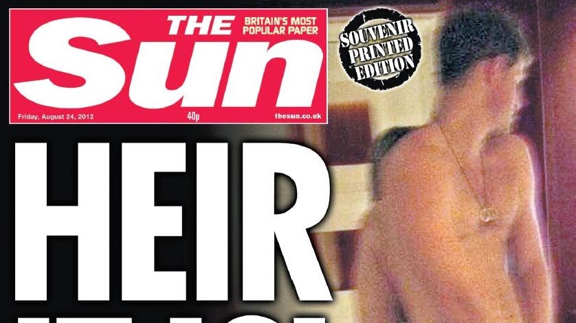 Front page of The Sun featuring a naked Prince Harry.