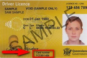 A Queensland driver's licence with "SAMPLE" written across it.