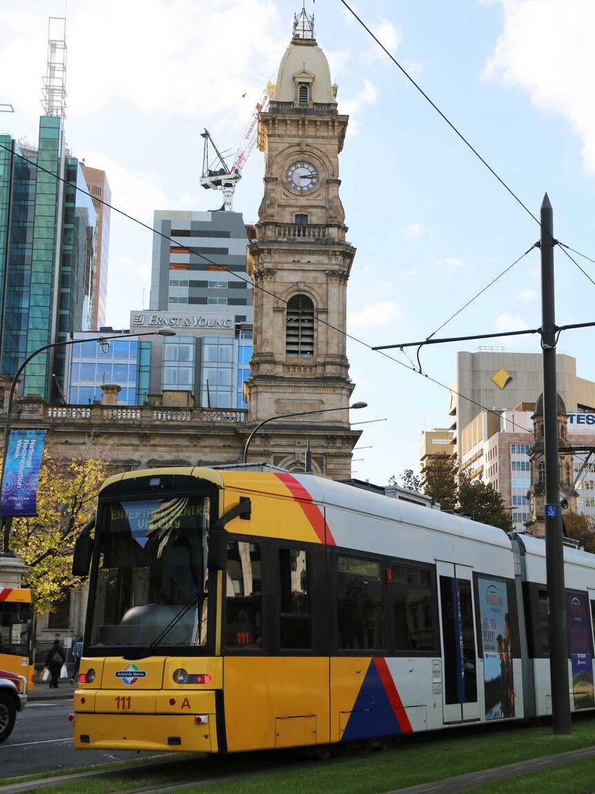 Adelaide tram approaches Victoria Square