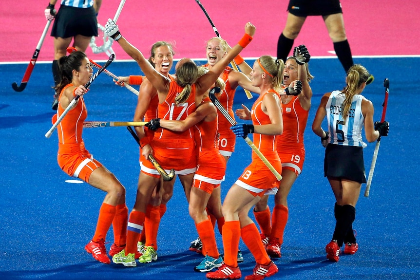The Netherlands celebrate a goal during their 2-0 win.