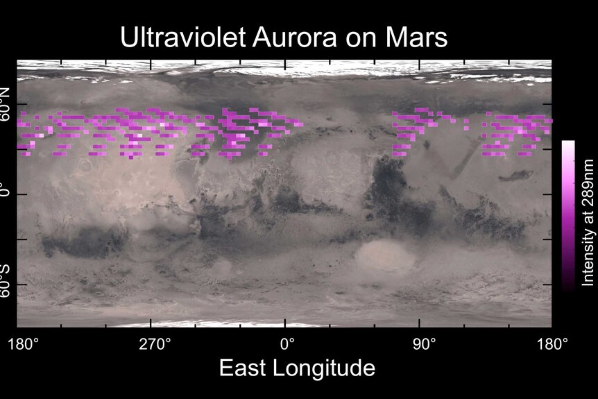 Map showing the locations of ultraviolet aurora superimposed over a map of the Martian surface.