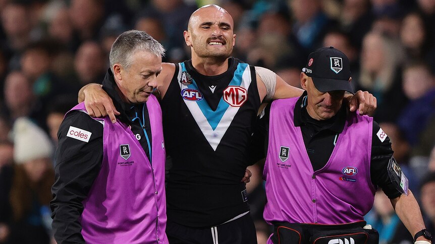 Sam Powell-Pepper grimaces as club doctors help him from the field