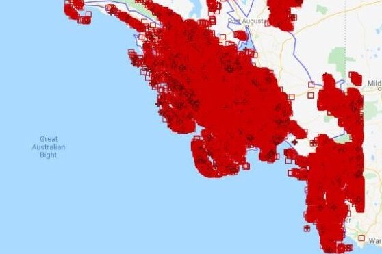 A map of South Australia covered in red dots
