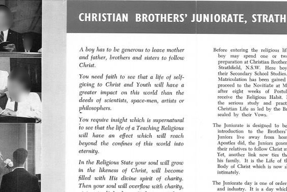 Black-and-white Christian Brothers' Juniorate pamphlet, 1963, showing boys in ties reading books and text.
