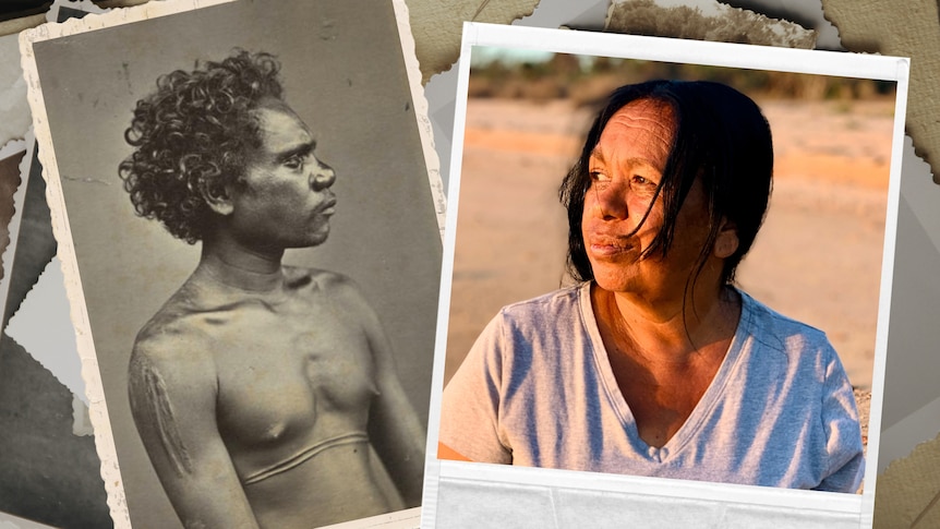 Two photos of people, one is black and white image of a male the other of a woman on a beach.