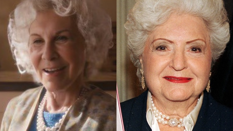 A composite of an actor with white hair and wearing pearls and Ruth Handler with white hair wearing pearls.
