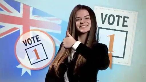 Teenage girl gives thumbs up, background shows logos "Vote 1" and Australian flag