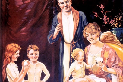 An illustrated advertisement of a family wearing woollen underwear, appearing to be from the 1900s.