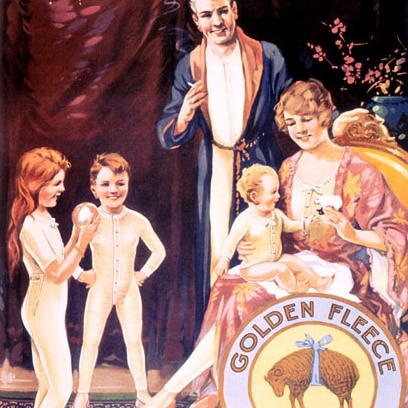 An illustrated advertisement of a family wearing woollen underwear, appearing to be from the 1900s.