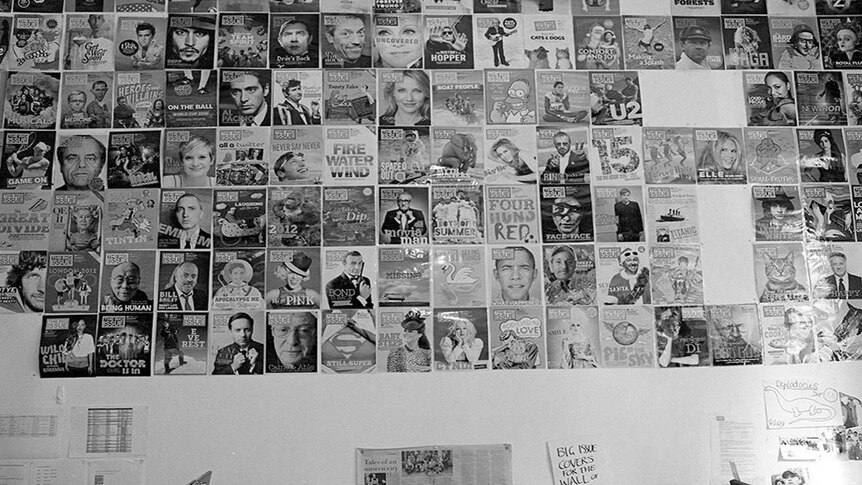 Big Issue covers on a wall