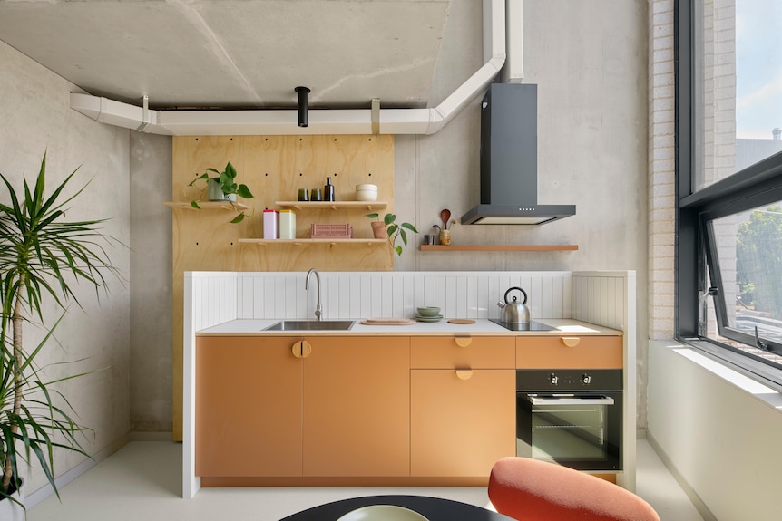 A kitchenette with ochre cupboards, oven, sink, kettle and shelves. 