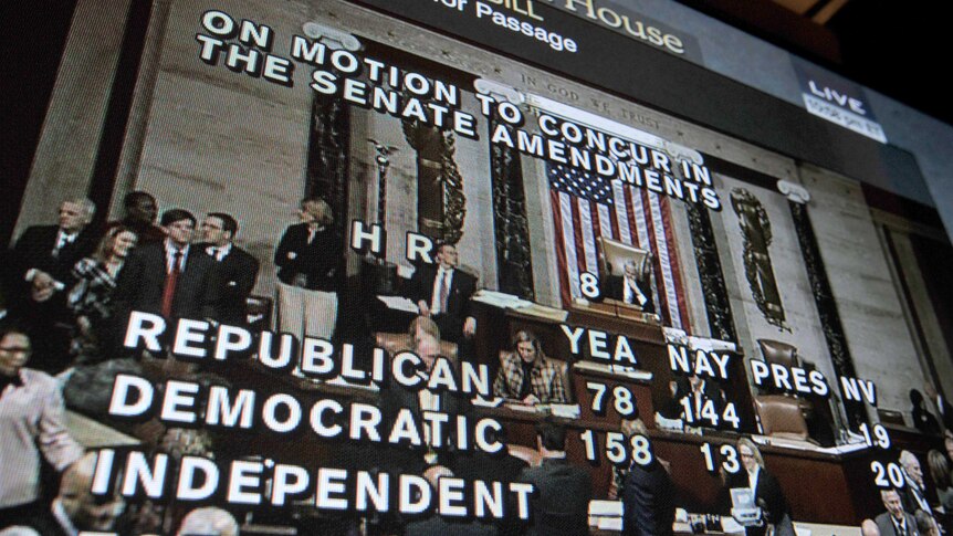 A picture of a TV screen shows C-SPAN transmission of the House of Representatives vote on the fiscal cliff.