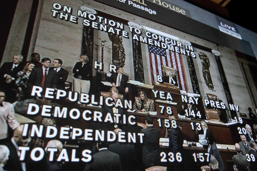 A picture of a TV screen shows C-SPAN transmission of the House of Representatives vote on the fiscal cliff.