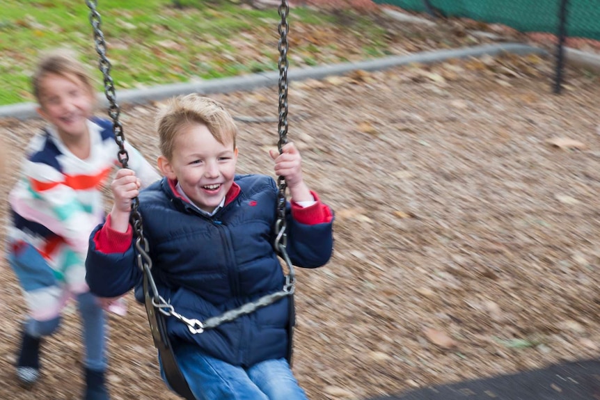 A girl pushes a boy on a swing.