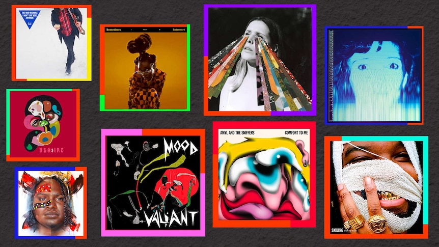 Collage of albums covers by avalanches, little simz,  middle kids, war on drugs, baker boy, genesis owusu, amyl and the sniffers