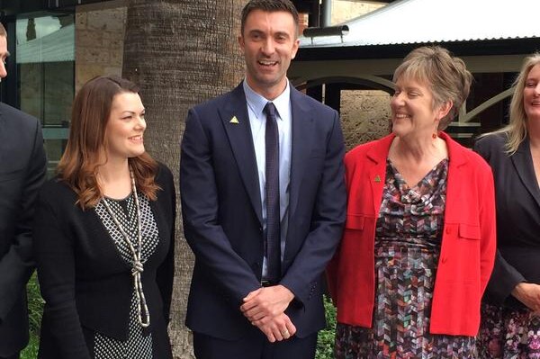 Greens senator Sarah Hanson-Young with Robert Simms and outgoing senator Penny Wright.