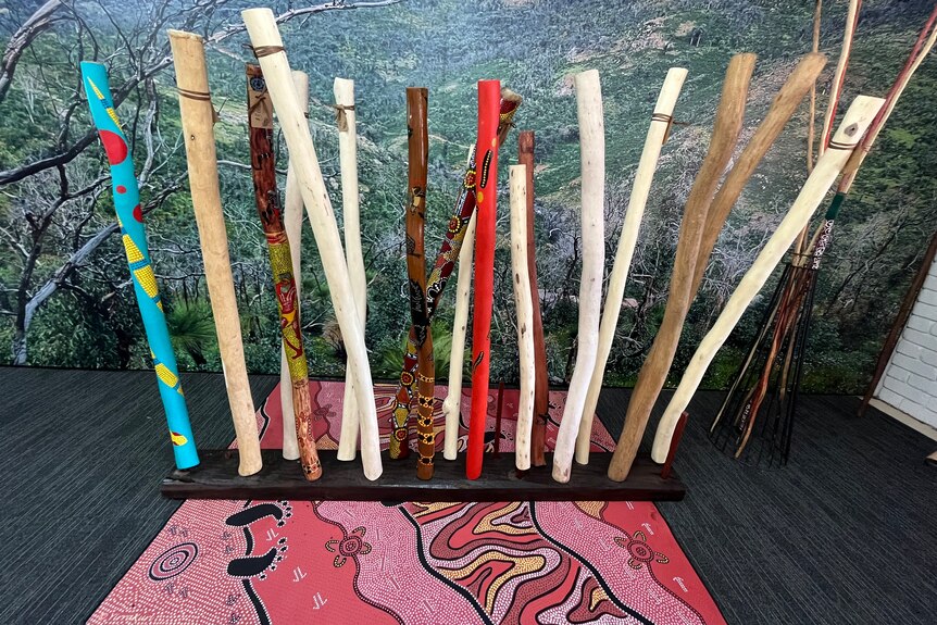 A range of different coloured sticks and didgeridoos on a rack
