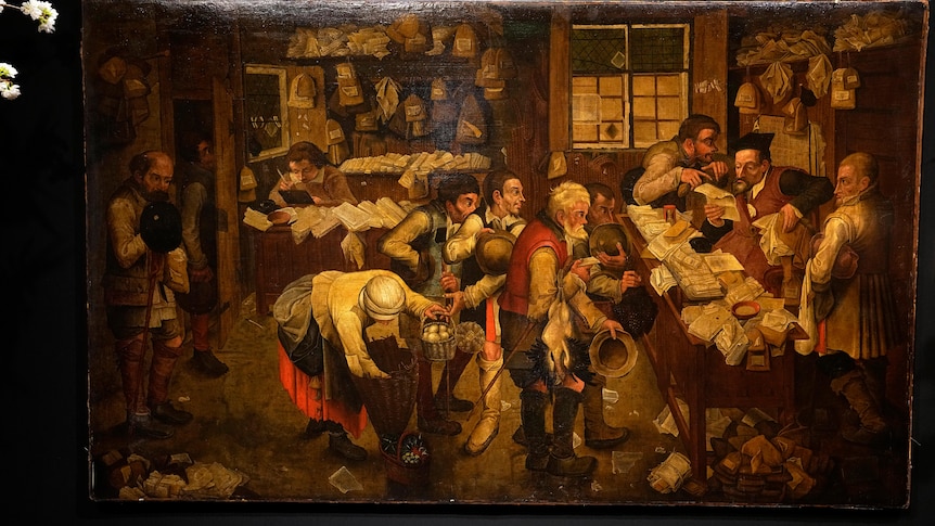 A dark oil painting showing a crowded village lawyer's office in the 17th century.