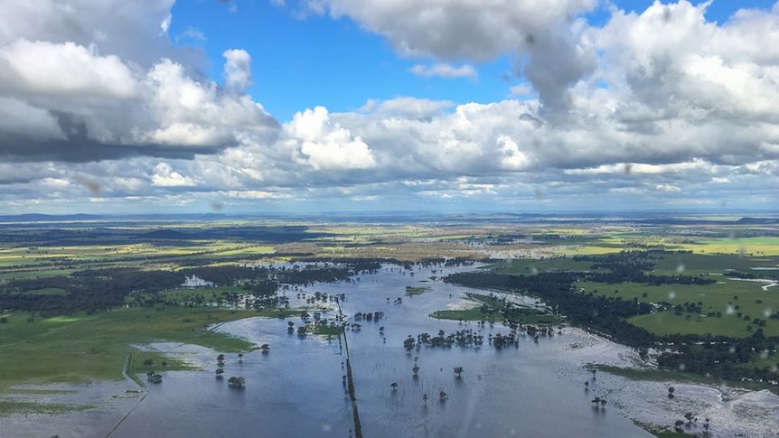 helicopter shot of widespread flooding in Condobolin.