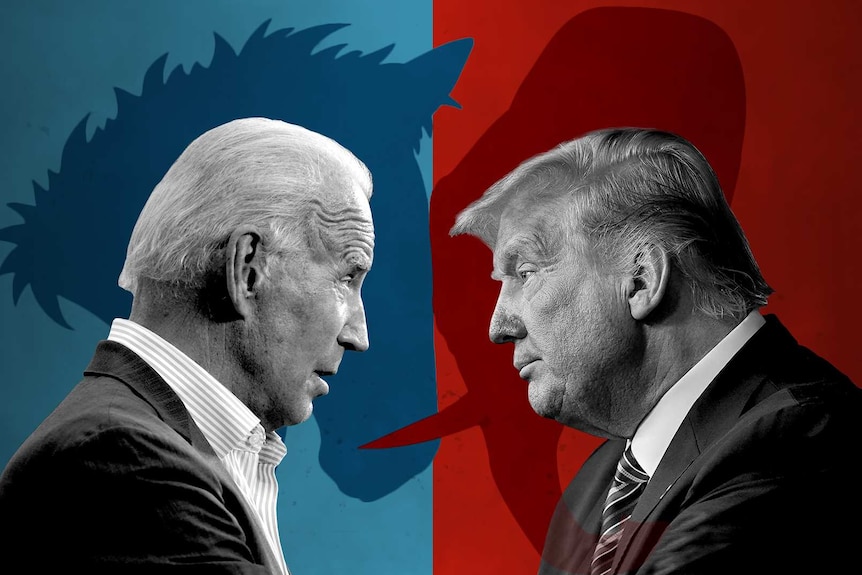 Cut out of Joe Biden and Donald Trump facing each other with shape of donkey and elephant head in background.