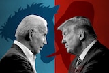 Cut out of Joe Biden and Donald Trump facing each other with shape of donkey and elephant head in background.