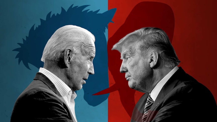 Cut out of Joe Biden and Donald Trump facing each other with shape of donkey and elephant head in background.