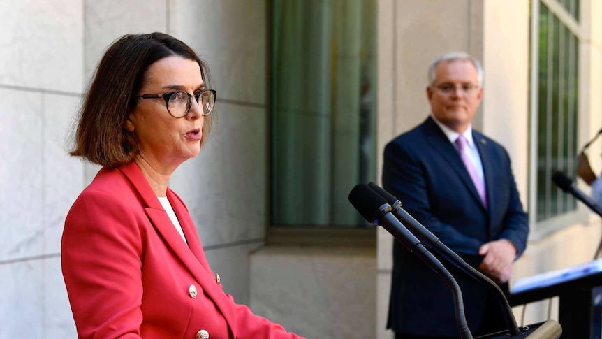 A woman and man in suits addressing media conference behind podiums with microphones.