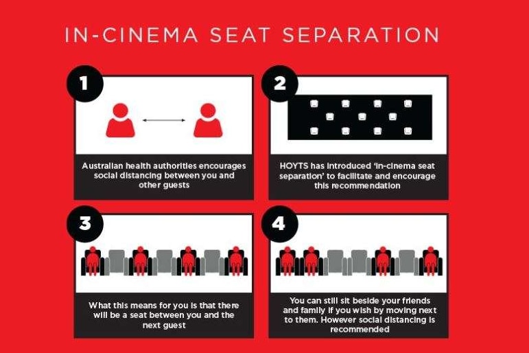 An online booking screen on the Hoyts website explains the social-distancing measures being taken.