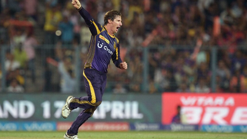 Brad Hogg celebrates a wicket for Kolkata