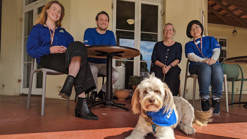A group photo of the peer supporters sitting around a table and smiling, with therapy dog Frankie on the ground in front