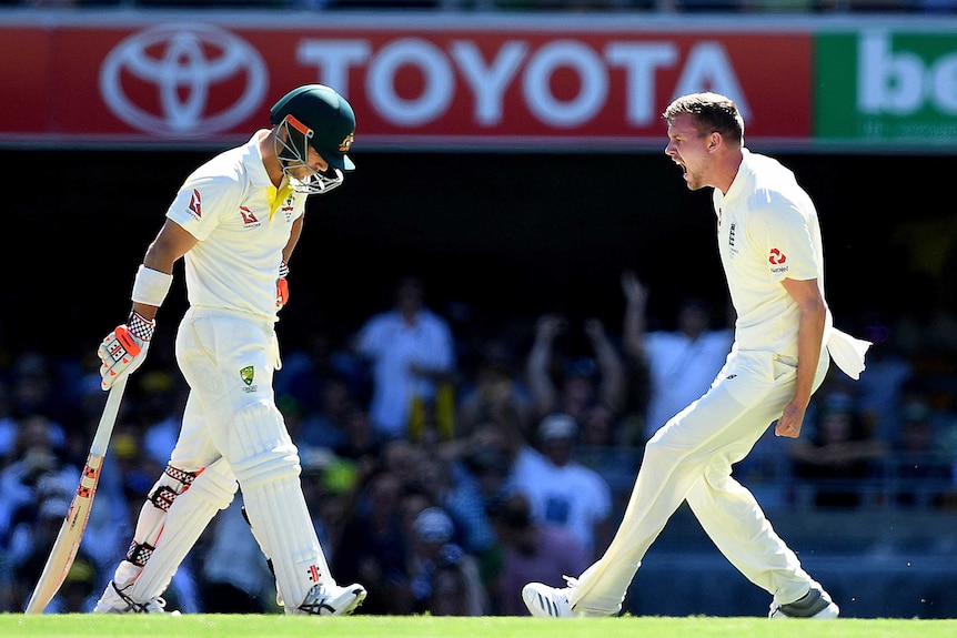 England bowler England bowler Jake Ball reacts after dismissing Australian batsman David Warner.
