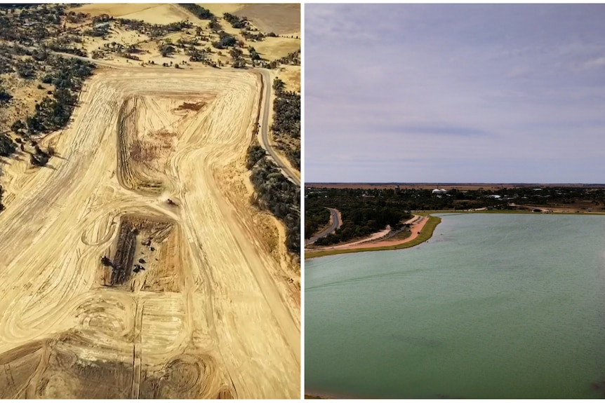 A composite image that shows a dry lake bed on the left and a lake full of water on the right.